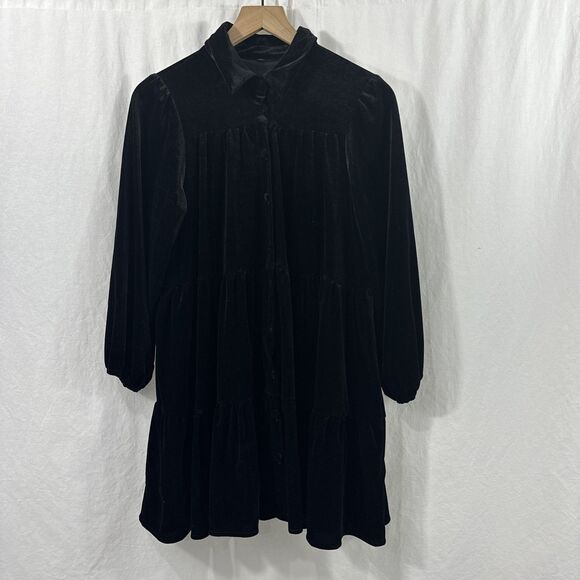 SHEIN Black Velvet Button Front Tiered Babydoll Dress Dark Romantic Size M - Picture 1 of 9
